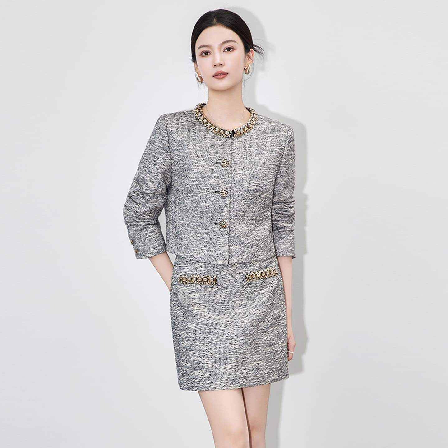 2512808 - Nanyou Luxury Young Lady Style Tweed Rhinestone Short Jacket + Skirt Two-Piece Set