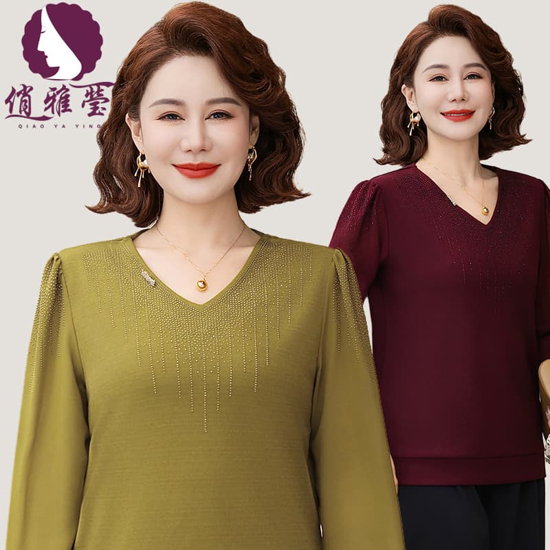 Mom Autumn Base Layer Elegant Thin Mid-Age and Elderly T-Shirt Stylish V-Neck Rhinestone Large Size Solid Color Long Sleeve Top
