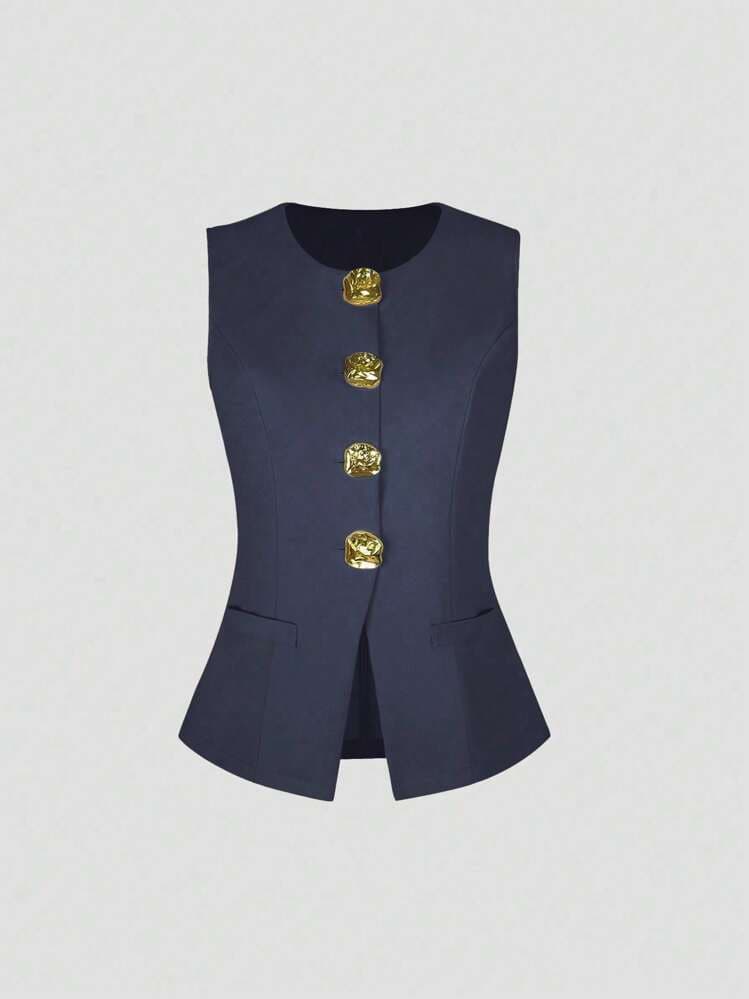 Xiaoxiang Style Women's 2025 New Sleeveless Round Neck Vest Fashionable Women's Wear Elegant Waist-Cinching Solid Color Cross-Border Women's Clothing