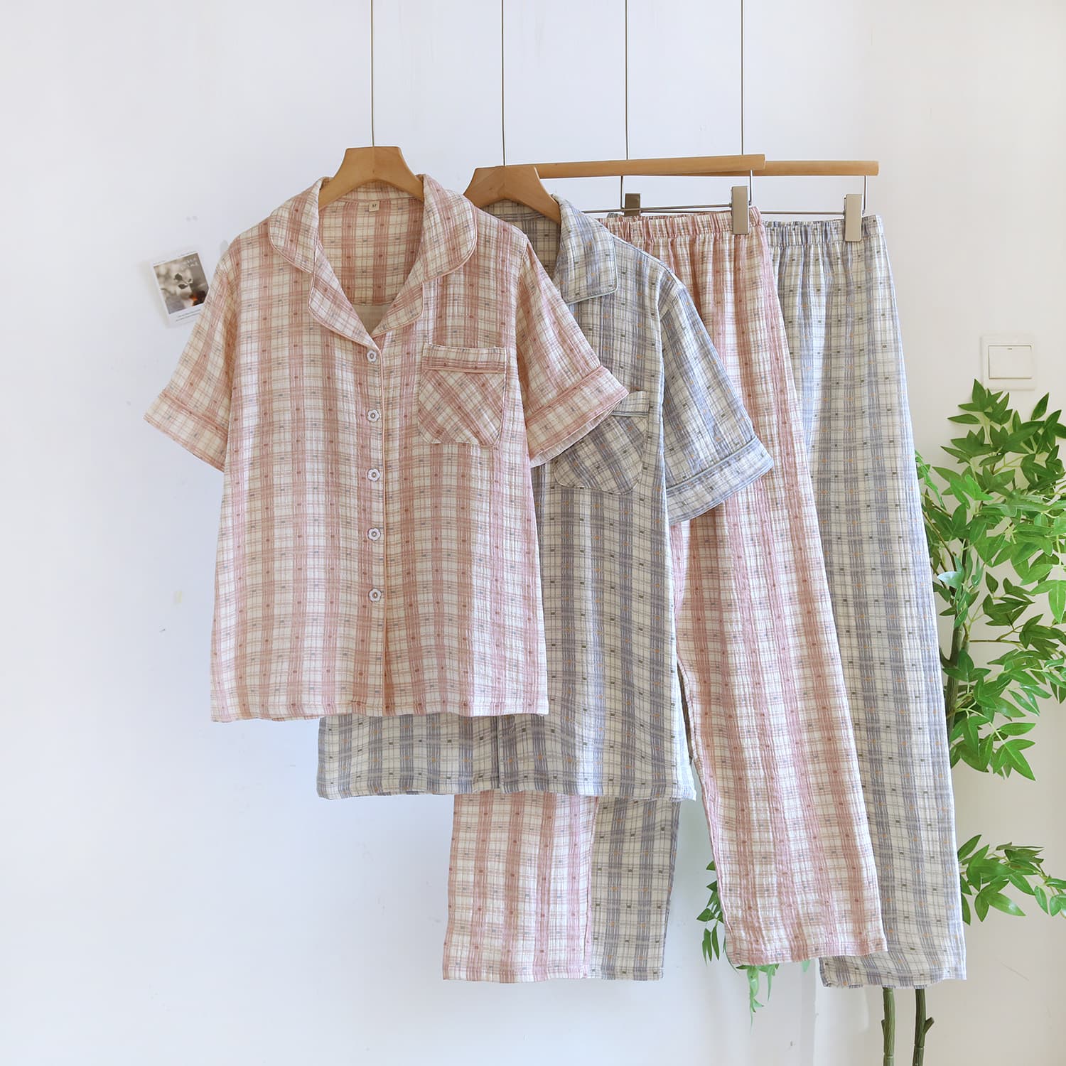 Short Sleeve Long Pants Couple Pajamas Plus Size Homewear Simple Style Men's and Women's Thin Summer Pajamas Crepe Cotton Set