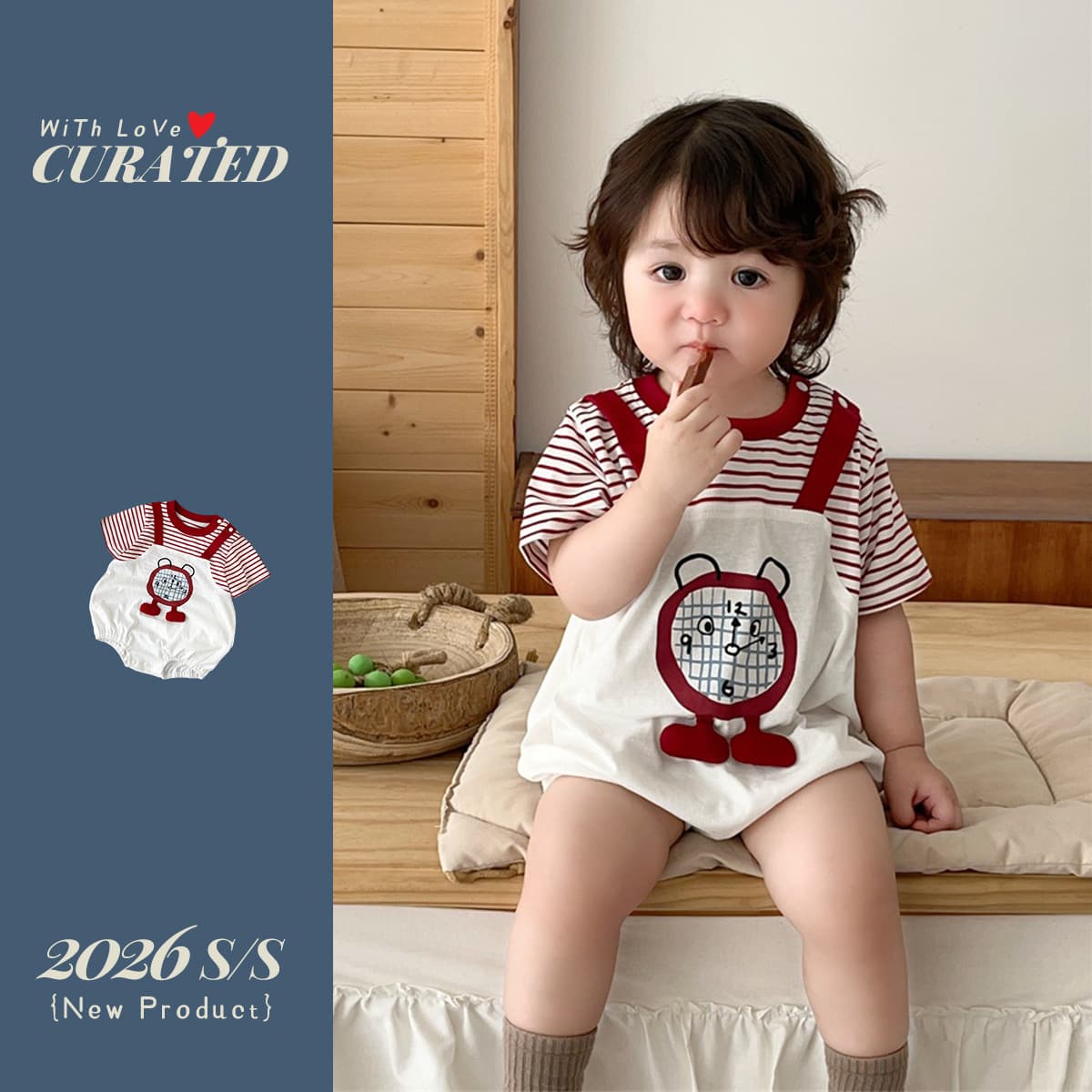 Baby summer thin fake two-piece onesie for baby boy striped cartoon print romper for boy going out triangle harem