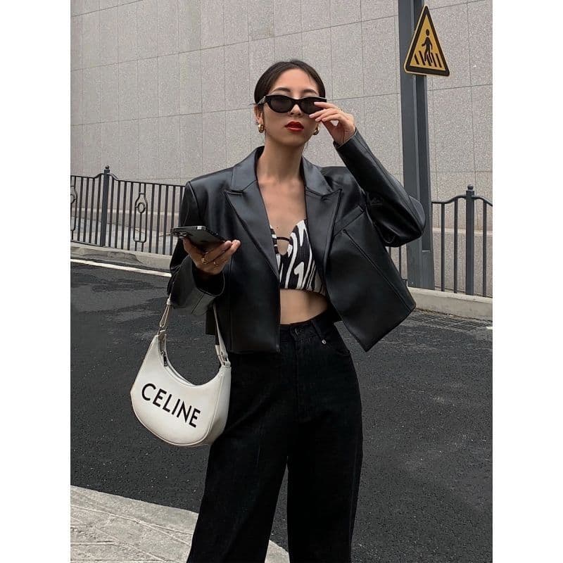 HUYIFAN Black Leather Jacket Women 2022 Fall New Loose Elegant Short PU Motorcycle Coat