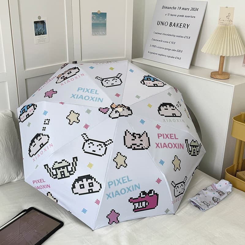Automatic Three-Fold Cute Cartoon Umbrella with 8 Ribs, Black Gel Sunscreen, Rain and Sun Dual-Use Umbrella
