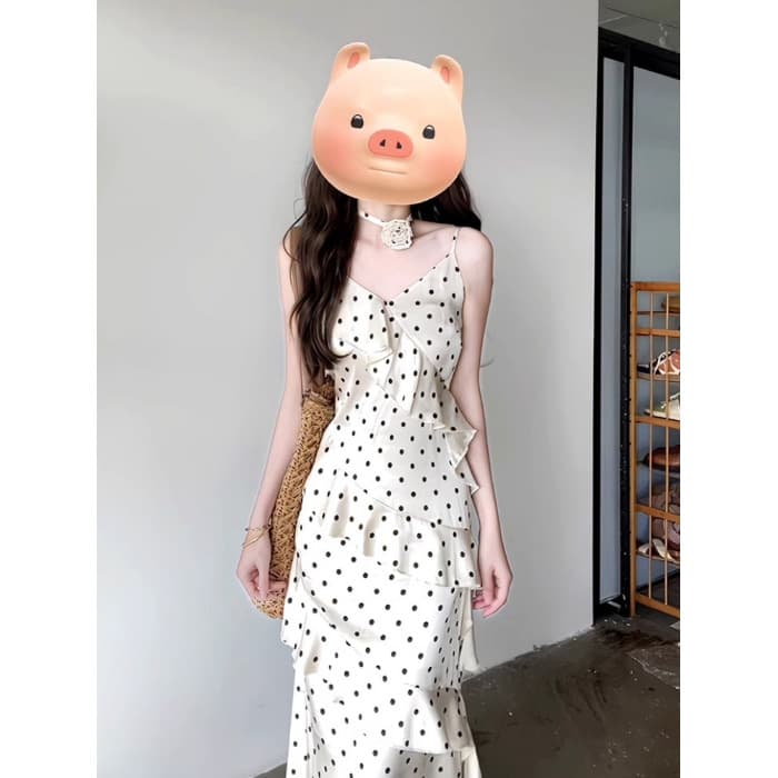 Pure and Seductive Polka Dot Satin Camisole Dress for Women, Summer Beach Vacation Elegant Waist-Cinching Ruffle Long Dress