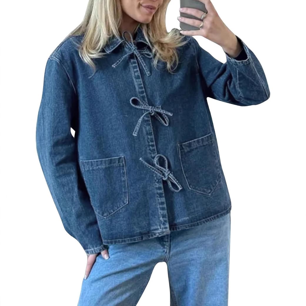 Amazon Hot Selling Women's Front Tie Denim Jacket Oversized Mid-Length Denim Top Motorcycle Jacket