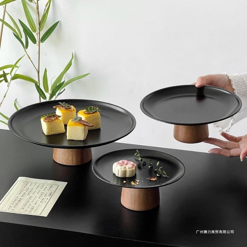 Black High-Leg Tea Snack Tray Coffee Table Snack Display Tray Premium Stainless Steel Fruit Plate Candy Dessert Plate