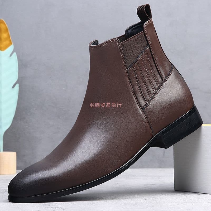 Luxury pointed-toe British style Chelsea boots, men's high-top business formal leather boots, slip-on versatile Martin boots.