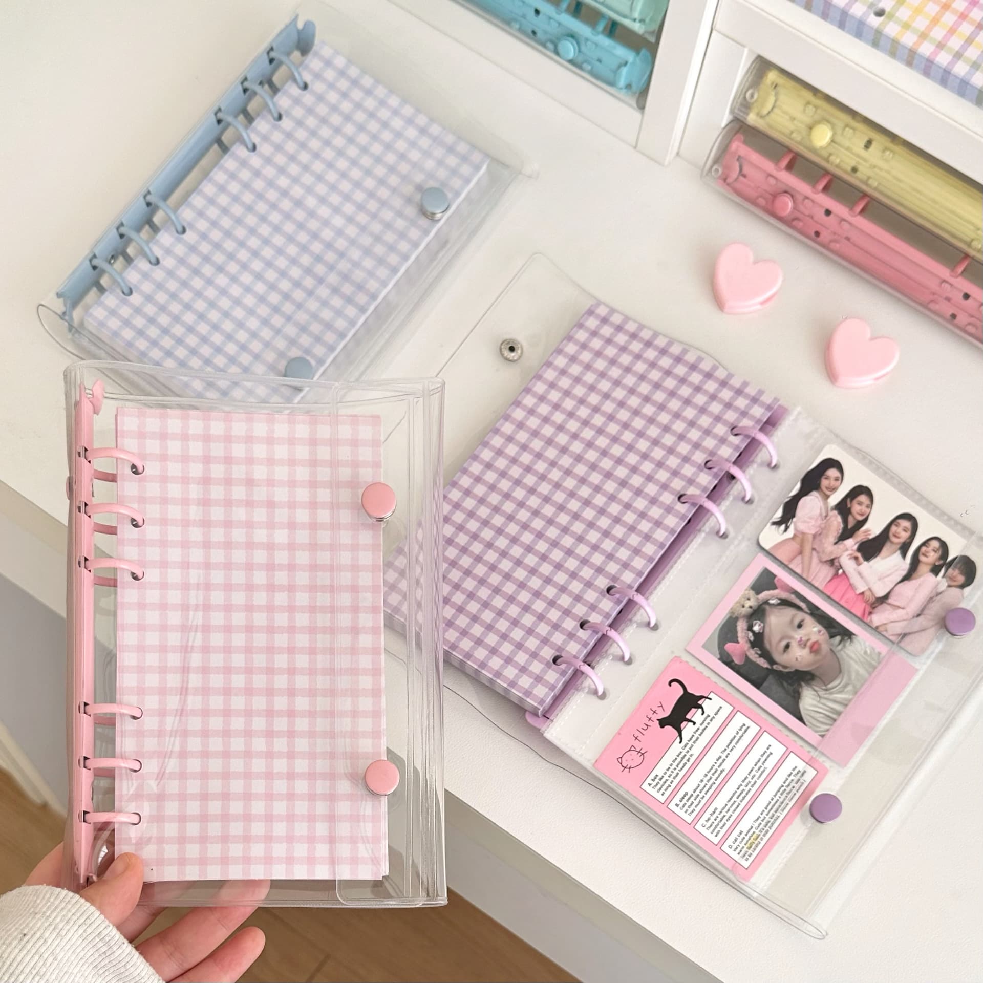 Korean Style PVC Transparent Loose-Leaf Notebook A6 Double Buckle Cover 6-Ring Candy Color Storage Book Small Card Holder