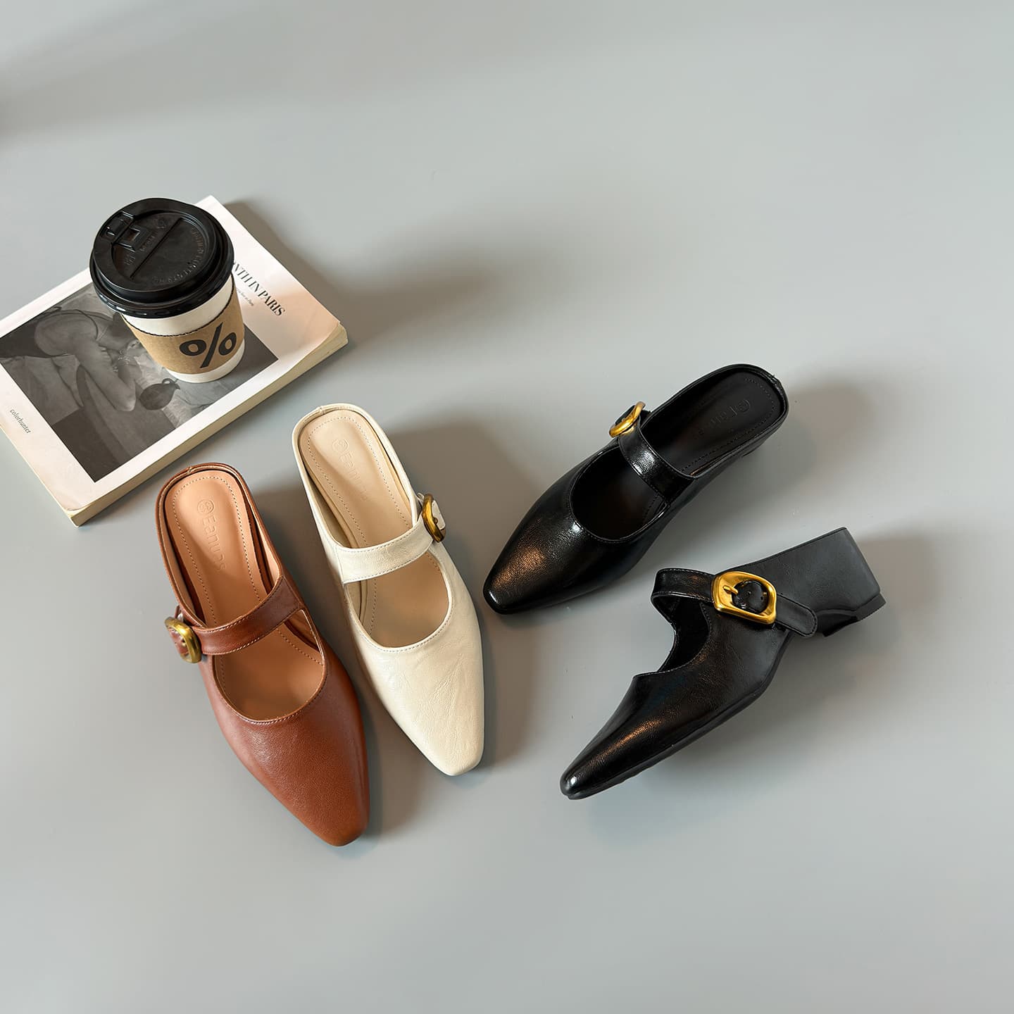 Soft Lambskin~Vintage Pointed-Toe Block Heel Mules, Women's Inner Height Increase Shallow Mouth Slip-Ons, Summer Outdoor Closed-Toe Half Slippers