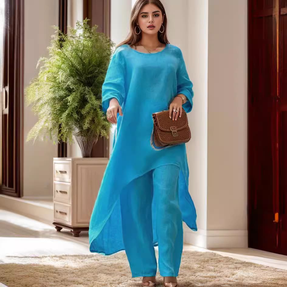 New Women's Cotton Linen Fashion Casual Plus Size Asymmetrical Top Long Sleeve Wide Leg Pants Two Piece Set Comfortable Leisure