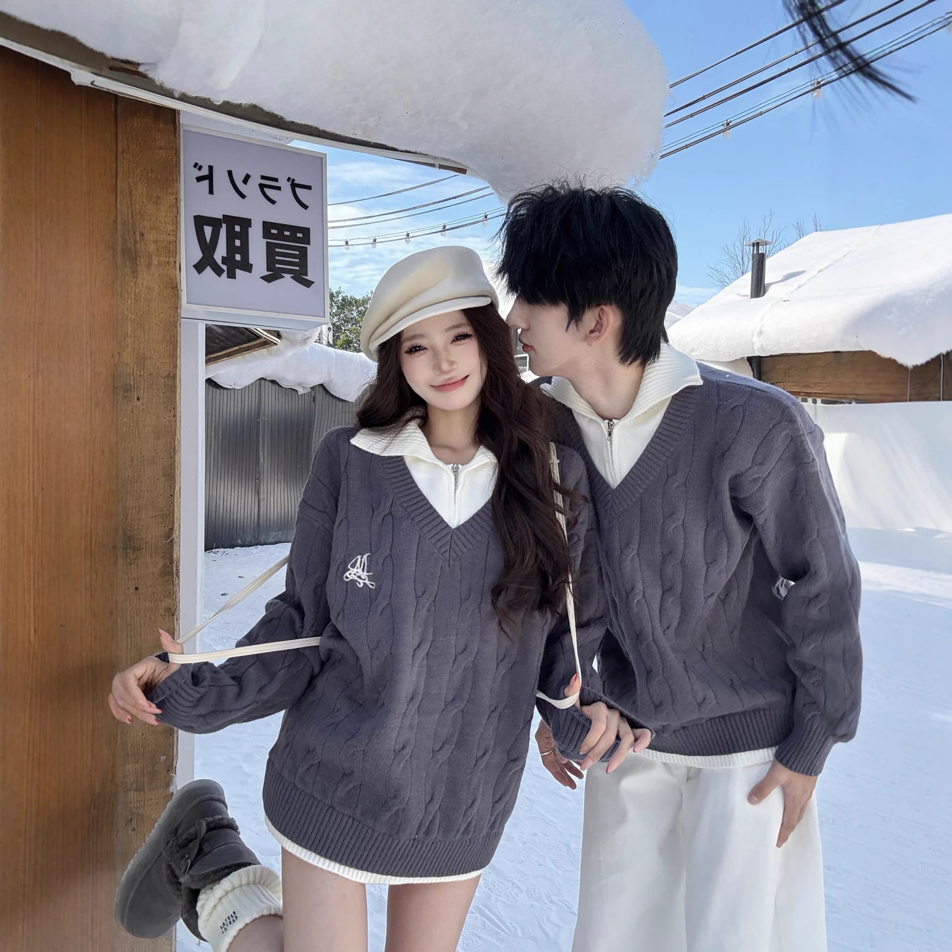 Unique couple's winter new style faux two-piece collared embroidered sweater, versatile loose and cozy design.