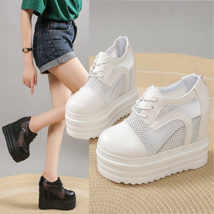 12cm Hidden Platform Casual Shoes 2026 White High Heel Women's Breathable Summer New Thick Sole Mesh