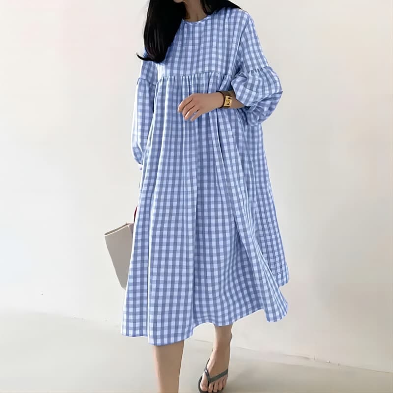 In Stock New Cross-Border Casual Plaid Puff Sleeve Round Neck Loose Waist Women's Dress
