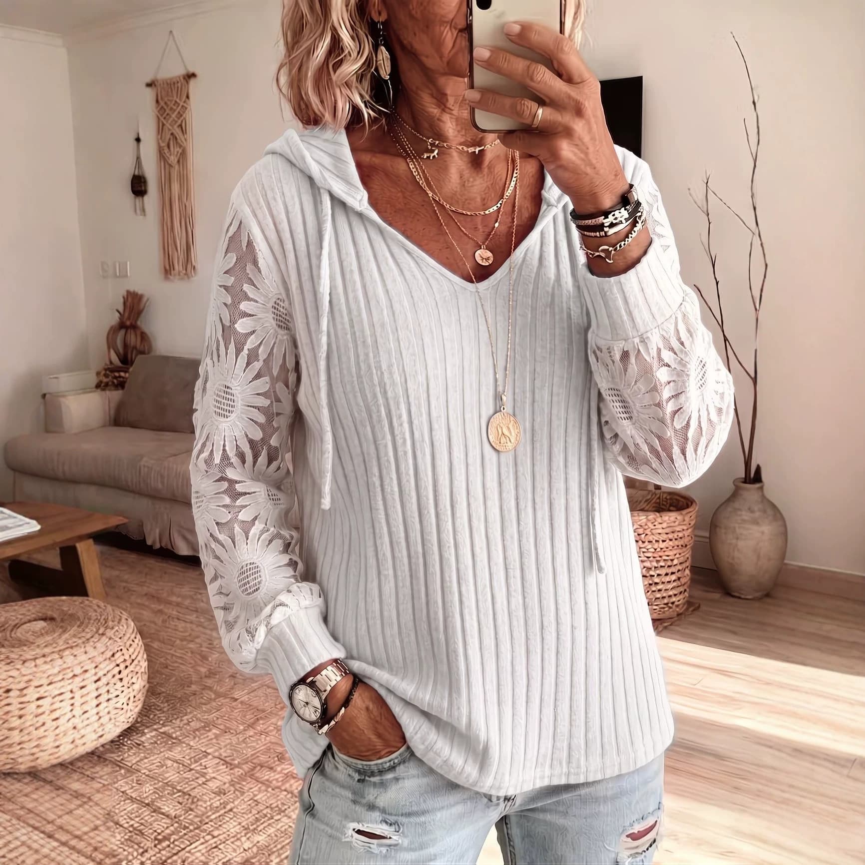 European and American cross-border Amazon foreign trade women's sweater hooded lace knitted solid color casual hollow long-sleeved top