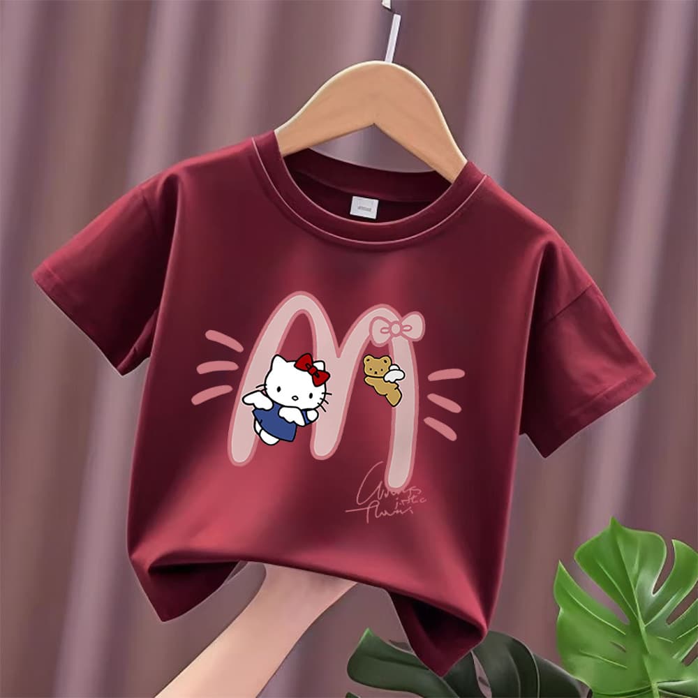 Children's Short Sleeve T-Shirt Summer New Japanese Print Hello Kitty Loose Half Sleeve Top for Boys and Girls