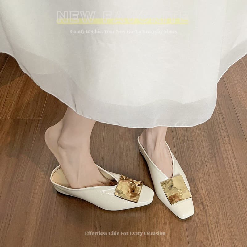 Cowhide version ~ 5CM heightening metal square buckle toe half slippers for women for summer wear 2026 spring and summer new style