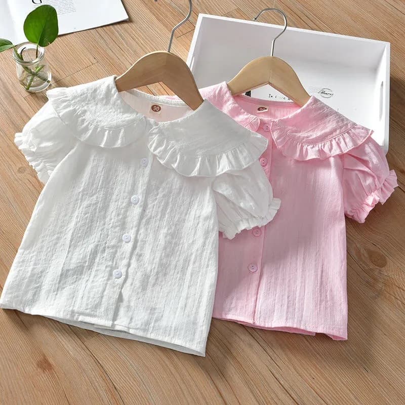 New Girls' Shirts Little Girls Korean Style Casual Solid Color Shirts Children's Versatile Fashionable Doll Collar Cotton Linen Tops