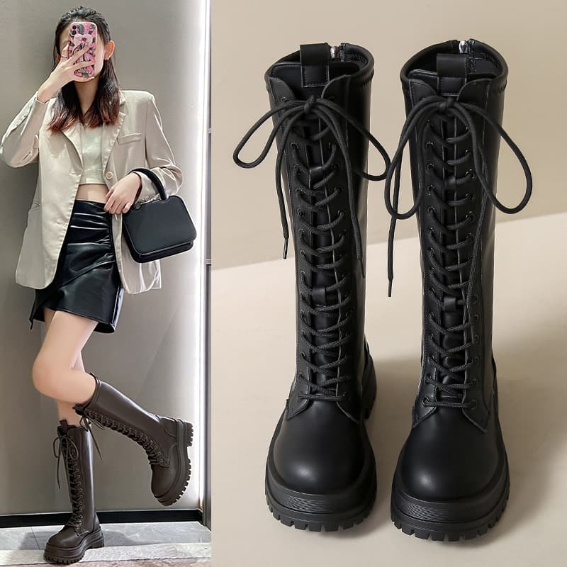 New Back-Zip Knight Boots Long Boots Versatile Design Ins Fashion Slimming Lace-Up Thick-Soled Women's Shoes Ins Style