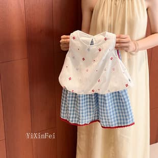 Girls' Set Summer 2026 New Fashionable Embroidered Doll Blouse Plaid Casual Pants Baby Casual Two-Piece Set