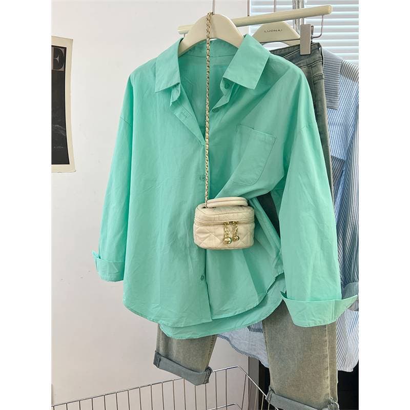 Mint Mambo Green Shirt Women Spring Summer New Casual Loose Long Sleeve Blouse Jacket Elegant Top