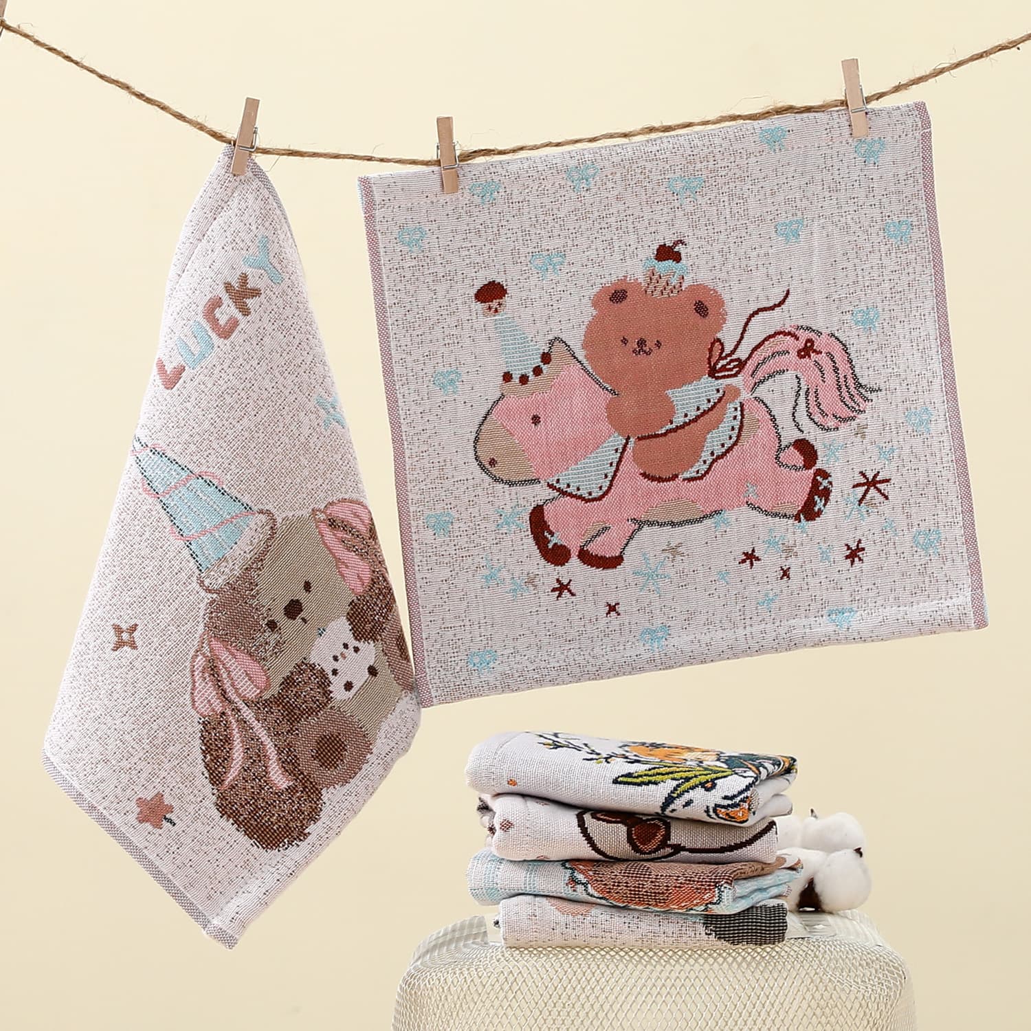 Pure Cotton Gauze Baby Face Towel, Cartoon Cute Square Handkerchief, 100% Cotton Square Towel, Factory Wholesale