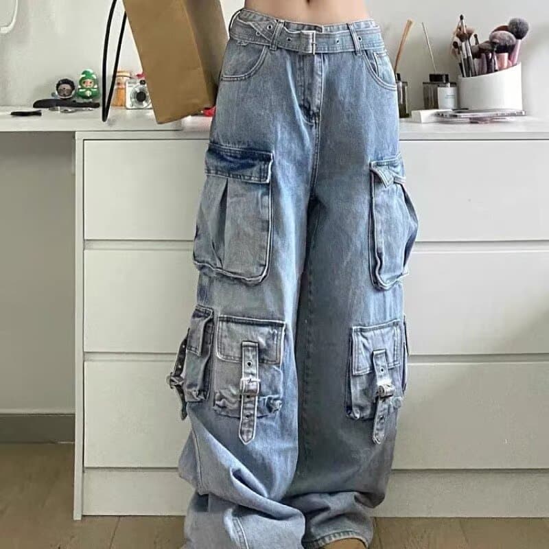 2026 spring new style washed mid-waist men's and women's heavy-duty multi-pocket design straight-leg loose wide-leg work jeans