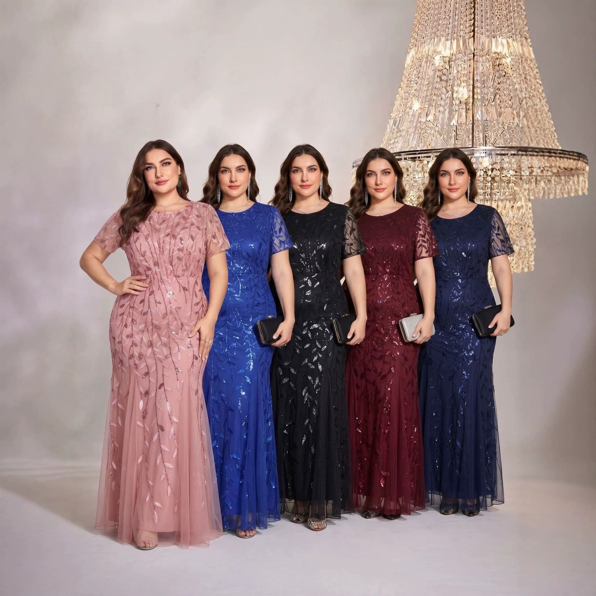 Plus Size Women's Dress European American V-Neck Long Sleeve Slit Sequins Elegant Plus Size Bridesmaid Dress Slim Fit
