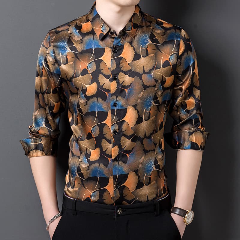 Spring and summer fashion men's trendy silk mulberry silk satin floral shirt long-sleeved men's printed shirt wholesale