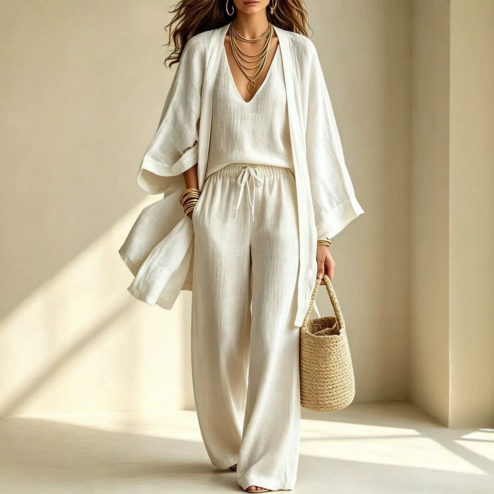 Three-Piece Set Women's V-Neck Inner Layer Wide Sleeve Cardigan Drawstring Wide Leg Pants Set Plus Size Women's Suit Summer 3XL