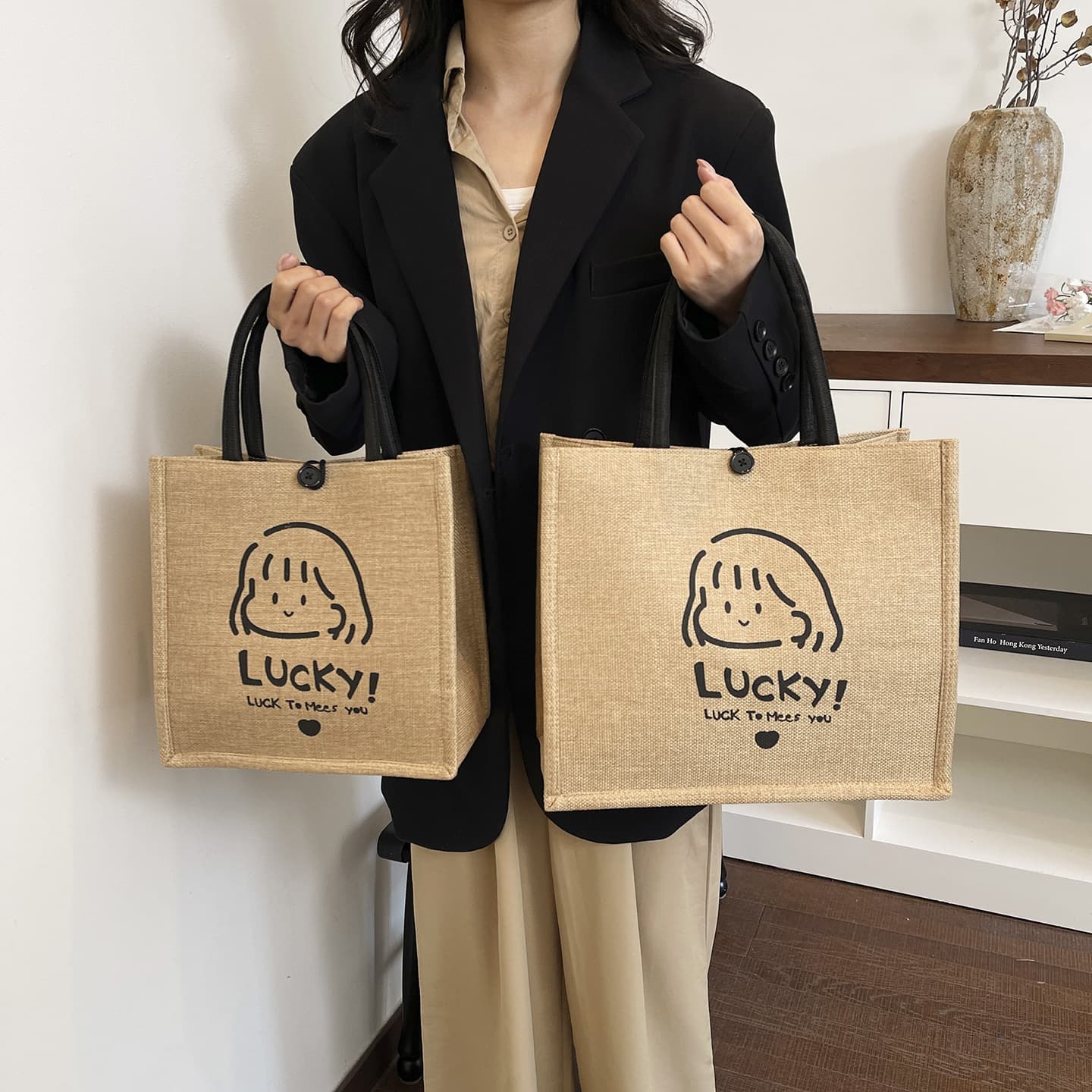 Cartoon linen bag large-capacity handbag shopping bag women's simple tote bag work commuter bag spot wholesale