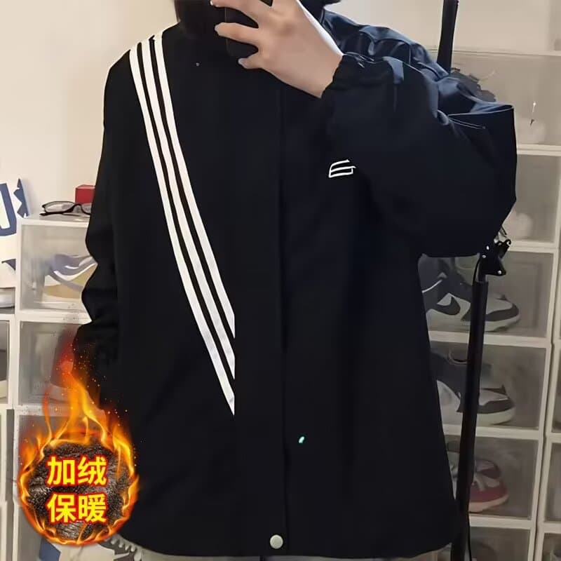 Plus-Size Men's Autumn New Stand Collar Three-Stripe Twill Patchwork Embroidered Loose Oversized Jacket