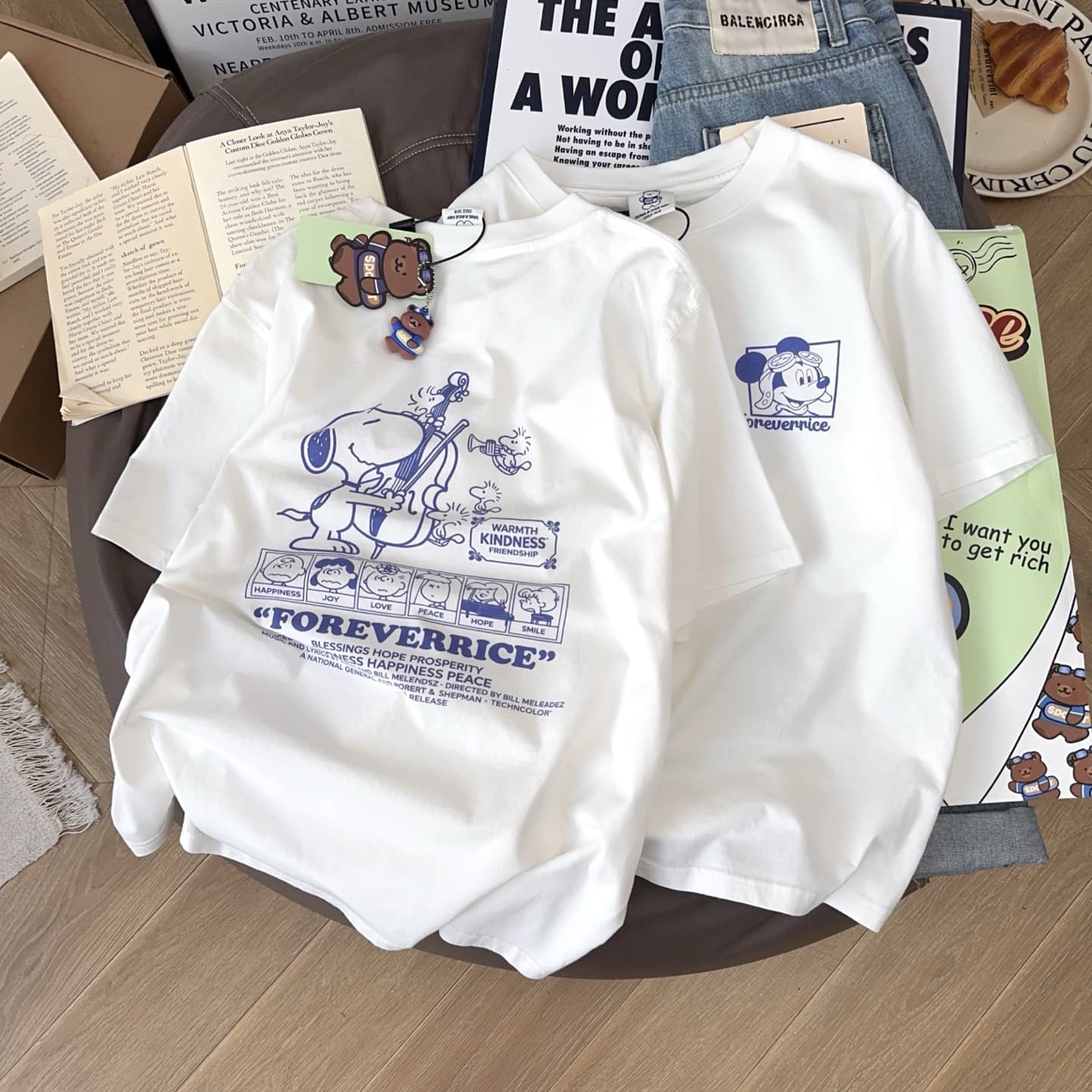 Paper Bag! Foeverrich Paper Bag Back Simple Cartoon Print Pure Cotton Short Sleeve T-Shirt Women Summer Korean Style
