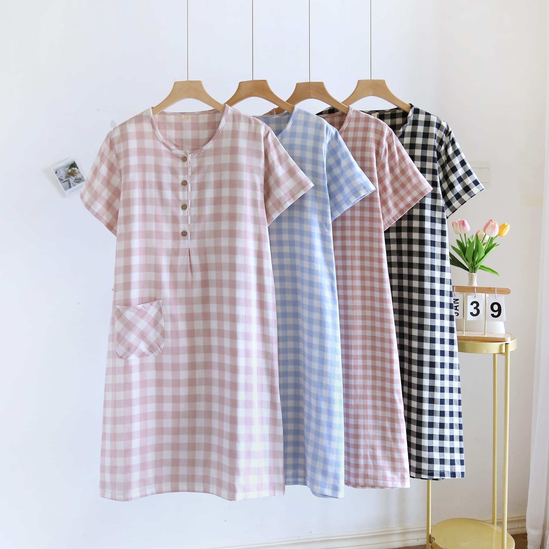 Summer Ladies Cotton Short Sleeve Dress Simple Large Size Double Layer Gauze Home Dress Color Woven Gauze Plaid Home Sleepwear