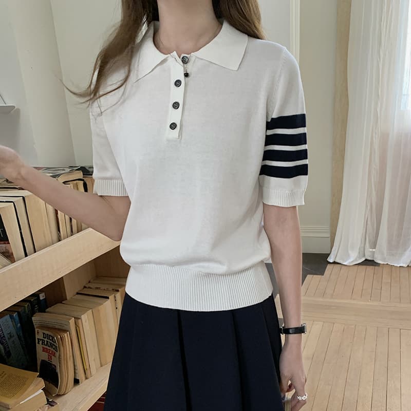 Summer New Women's Knitwear Polo Collar Cotton Knitted Short-Sleeved Striped Jacket T-Shirt Women's Tops Wholesale