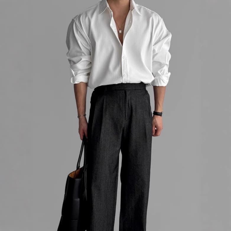 High-quality "textured" solid color shirt men's long-sleeved spring and autumn loose shirt Korean niche casual inch shirt