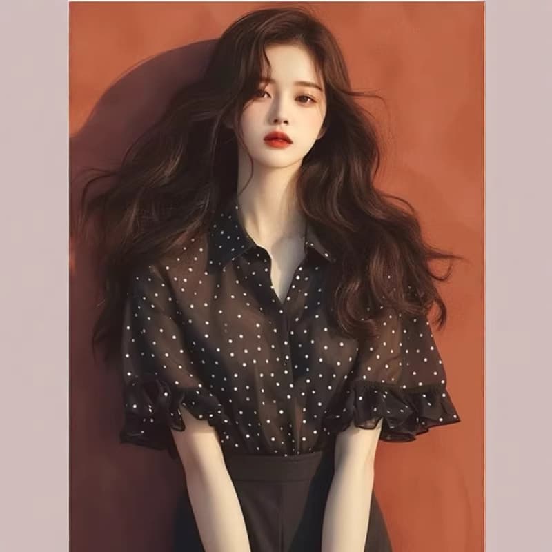 Black Polka Dot Ruffled Chiffon Short Sleeve Blouse Women Summer 2026 New French Style Elegant Top
