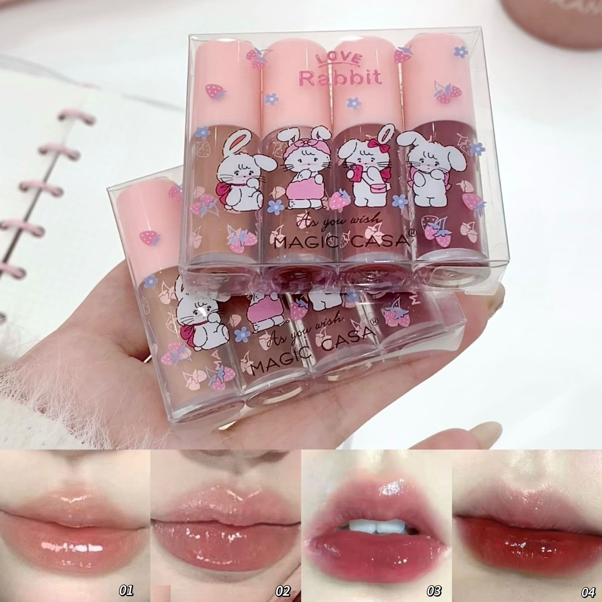MAGIC CASA Mini Rabbit Lip Gloss 4-Piece Set, Moisturizing Watery Mirror Lip Tint, Brightening for Youthful Look, Cross-Border