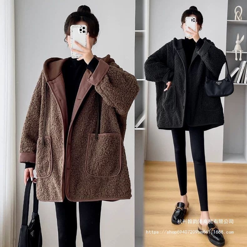 Plus-size Maternity Thickened Lamb Wool Coat for Women, Stylish Casual Loose Hooded Trendy Mom Top up to 200 Jin