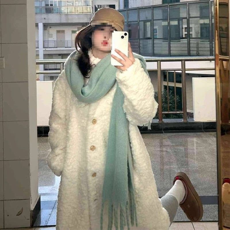 Korean-style Fluffy White Faux Fur Coat for Women, Winter, Mid-Length Thick Jacket with Fur Lining