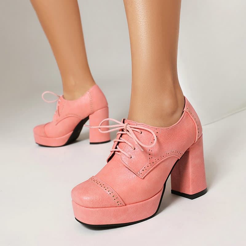 Retro British style women's high heels hollow burnt brogue thick heel high heel front lace foreign trade retro women's single shoes