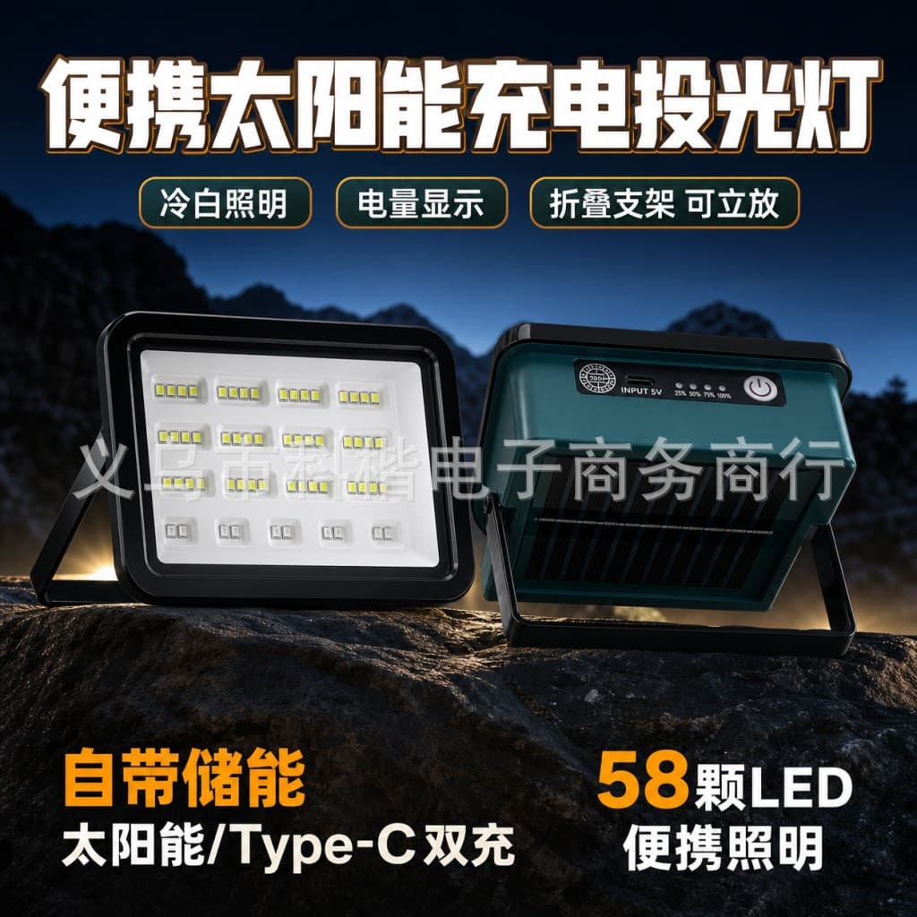New Solar Floodlight for Outdoor Camping, Portable LED Wall Light with Bracket