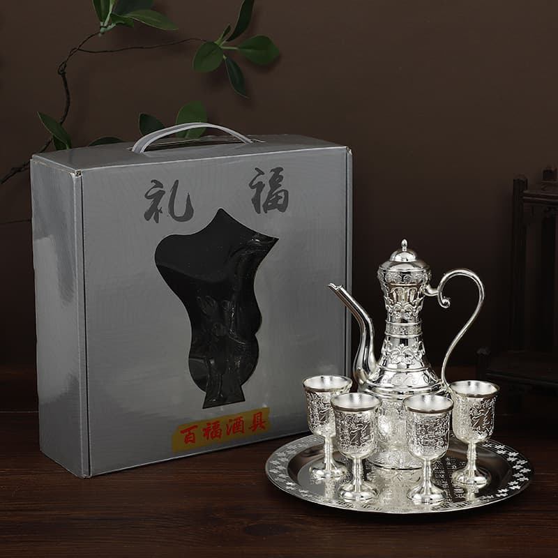 Antique Chinese Style Home Use Silver-plated Wine Set, Red Wine Glass Decanter, Pure Silver European Style Gift Item