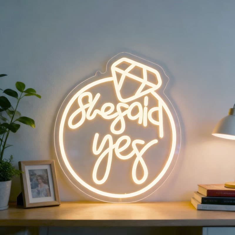 She Said Yes" Diamond Ring Neon Sign, USB Powered, Adjustable Brightness Switch