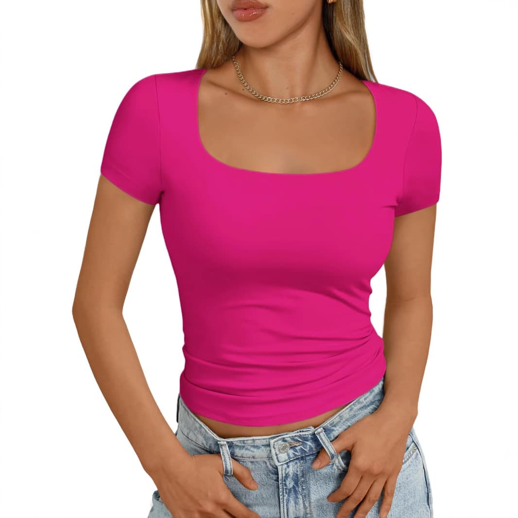 Women's Short-sleeved T-shirt Double Lined Square Collar Outing Navel Top Summer Cute Basic T-shirt
