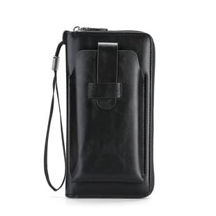 Men's Long Zipper Wallet Korean Style Multi-Card Slot Phone Bag Large Capacity Leather Card Holder with Wrist Strap Coin Purse