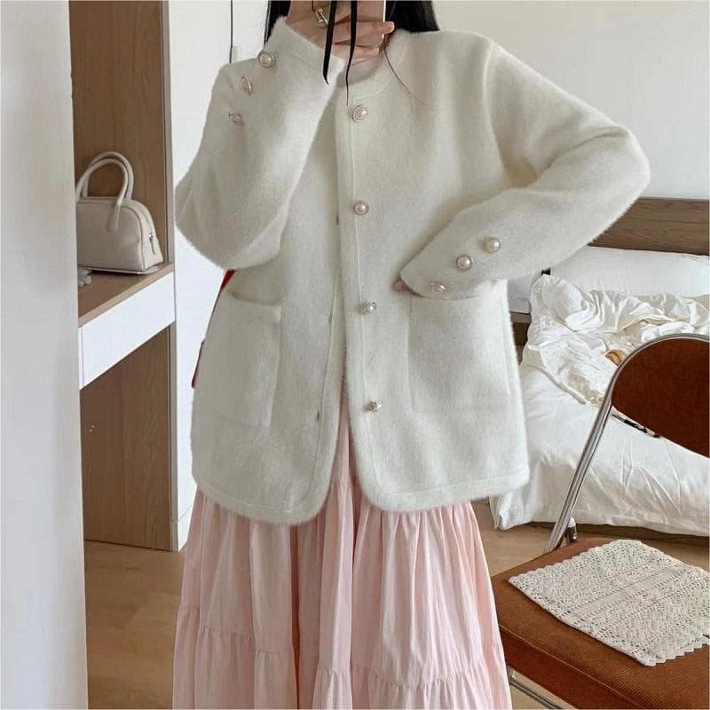 French Chic Style Celebrity Pearl Button Knit Cardigan Round Neck Imitation Mink Fur Coat New Style Women's Outerwear Top