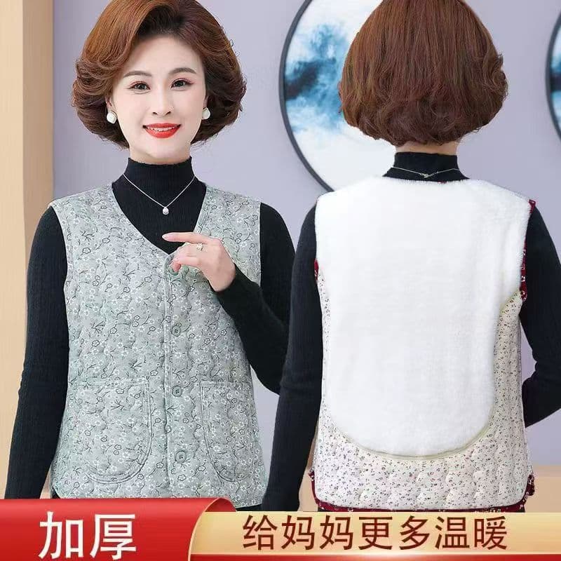 Fleece-lined and thickened vest for middle-aged and elderly women, warm padded waistcoat for mothers, autumn and winter outerwear sleeveless top.