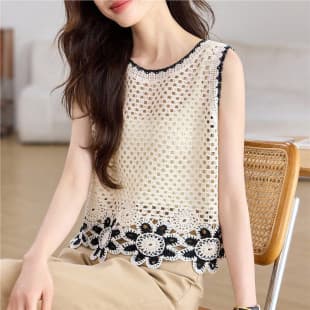 2026 New Openwork Jacquard Knit Sleeveless Crop Top for Women, Summer Thin Ice Silk Knit Pullover Blouse