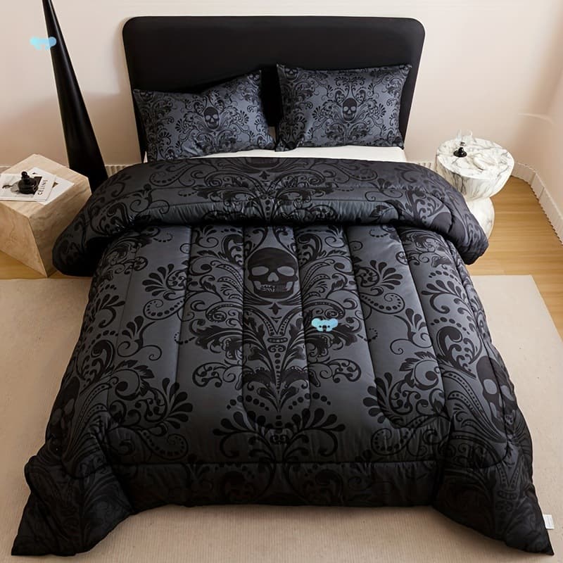 Skull Quilt 3pcs Black Gray Design Skull Victorian