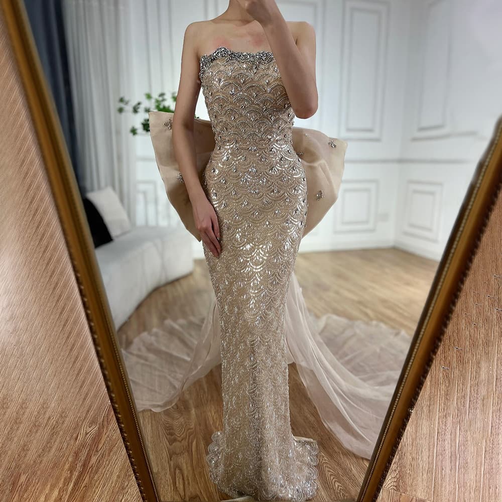 Nude Bow Dress for Foreign Trade Elegant Debut Solo Host Strapless Long Gown LA72730